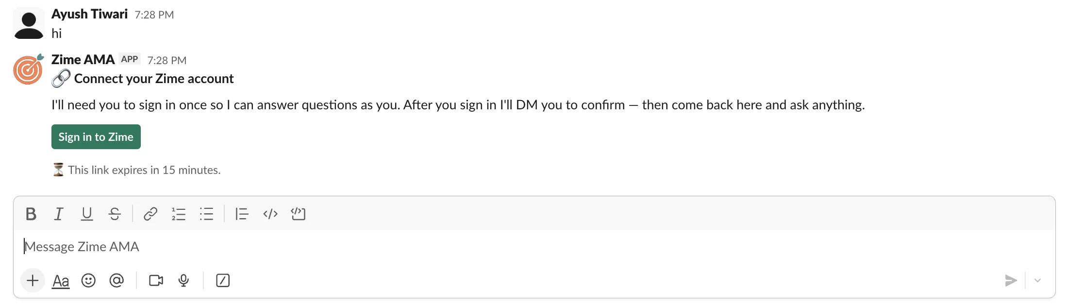Zime AMA onboarding and sign-in flow in Slack, step 3